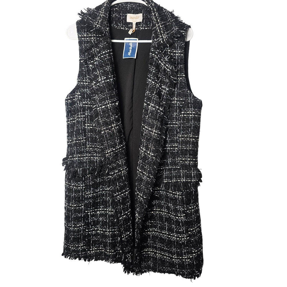 Laundry by Shelli Segal Women Tweed Fringe Longline Vest L Black White Parisian